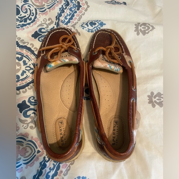 Sperry Topsiders Angelfish Boat Shoes - dark brown leather with blue & tan plaid - Picture 4 of 9